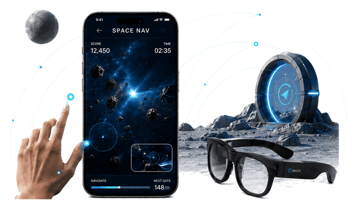 Ctrl CV rehabilitation technology mockup with hand tracking, phone gameplay and smart glasses